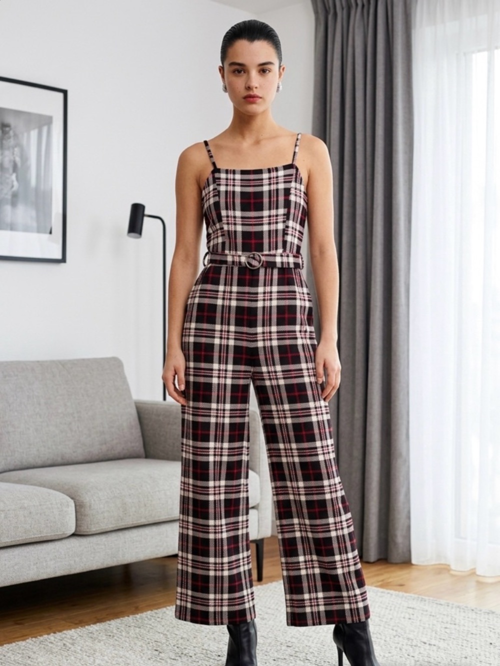 Almost Famous Black & Red Plaid Wide-Leg Jumpsuit with Belt